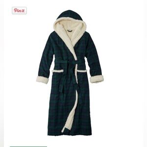 L.L.Bean Large P Scotch Plaid Flannel Robe, Sherpa-Lined Long Blue/Green New